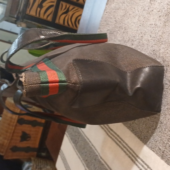 Authenti Gucci Web Sherry Line Shoulder Tote Bag Dark Gray And Black Canvas - Picture 4 of 15